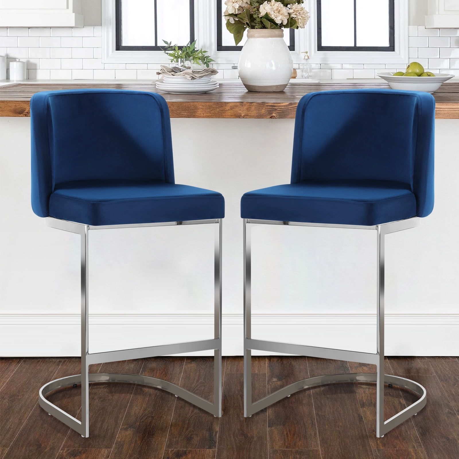 Modern Counter Height Bar Stools Upholstered Velvet Bar Chairs, Set of 3, 26" with Back and C-Shaped Metal Frame Island Stools for Home Bar Kitchen Pub