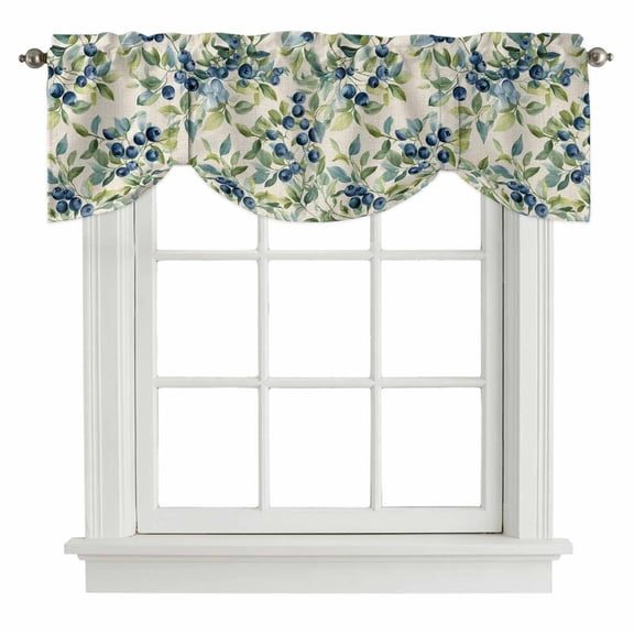 Blue Blueberry Tie Up Valance for Windows, Green Leaf Pastoral Plant Vintage Linen Adjustable Rod Pocket Tie Up Valance Curtains Window Treatment for Kitchen Bathroom Bedroom 54 X 18 Inch