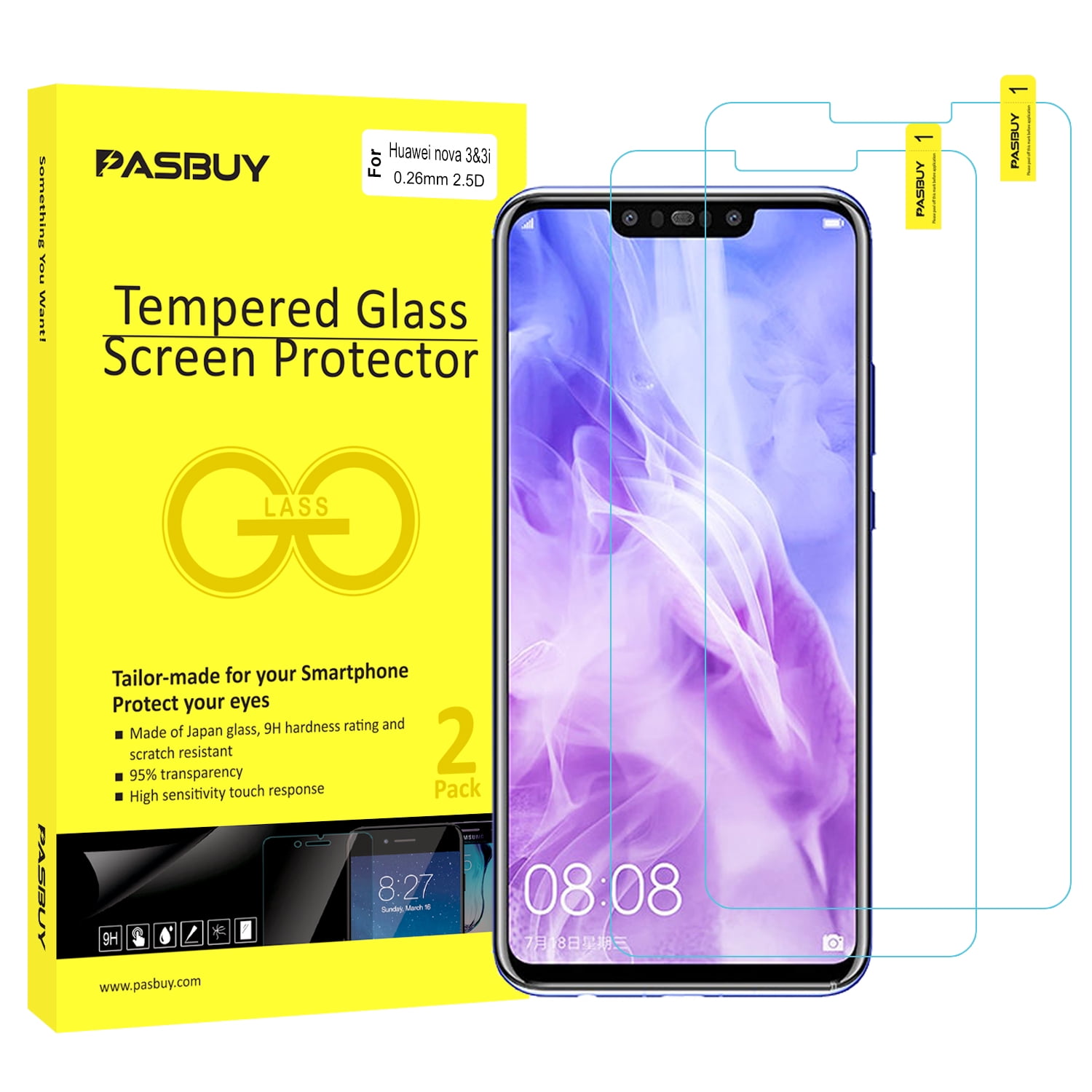 [2Pack]Screen Protector for Huawei Nova 3, 3i, Tempered Glass Case