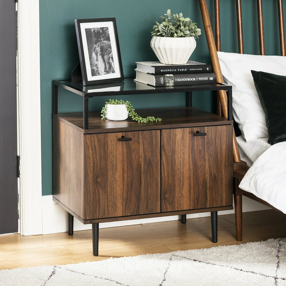 Manor Park Modern Glass Top TwoDoor Nightstand, Dark Walnut Walmart
