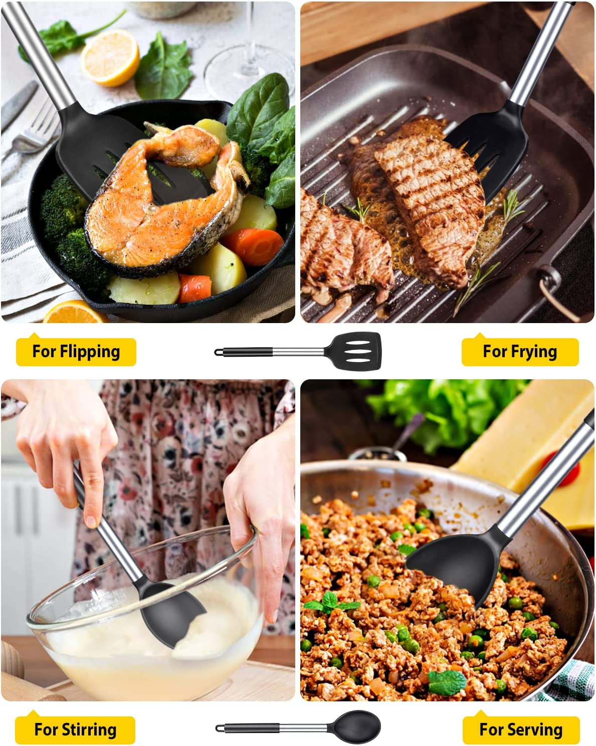 Bundlepro 4 Pack Silicone Home Kitchen Cooking Utensils Set, Solid Slotted Spatulas Spoons, Black