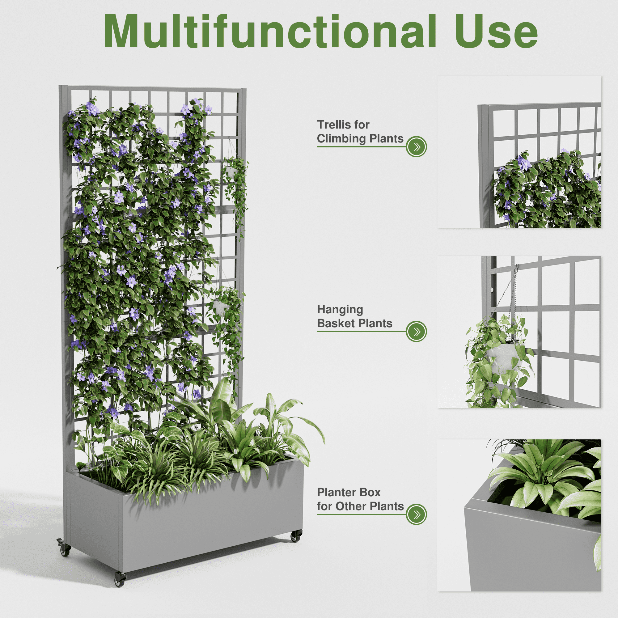 MAYEERTY 35*16*71"Outdoor Gray Metal Planter with Rect Climbing Trellis, Drainage hole & Wheels, Grid Pattern