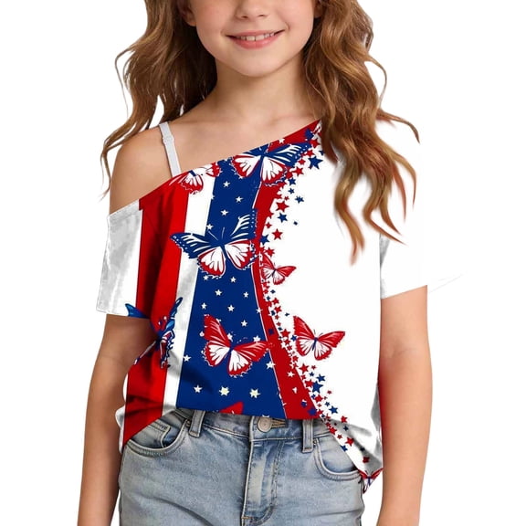 Girls 4th of July Off Shoulder Short Sleeve Top Multicolor Patriotic Butterfly Print Summer Shirt for Kids,Size 5 T