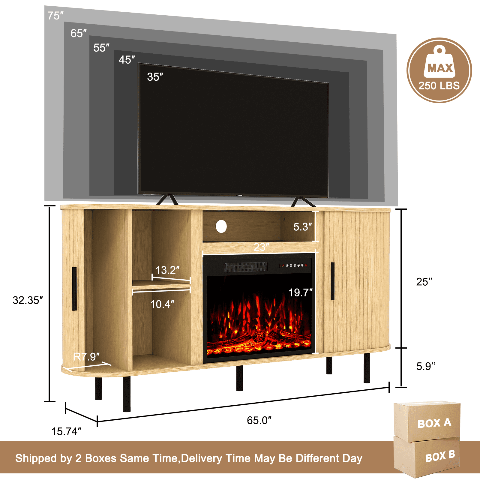 Flictozena 65’’ Modern Fluted TV Stand for TVs Up to 75’’ with 23’’ Electric Fireplace - Wooden Entertainment Center, Curved Design, Sliding Doors & Storage Shelf, Natural Oak
