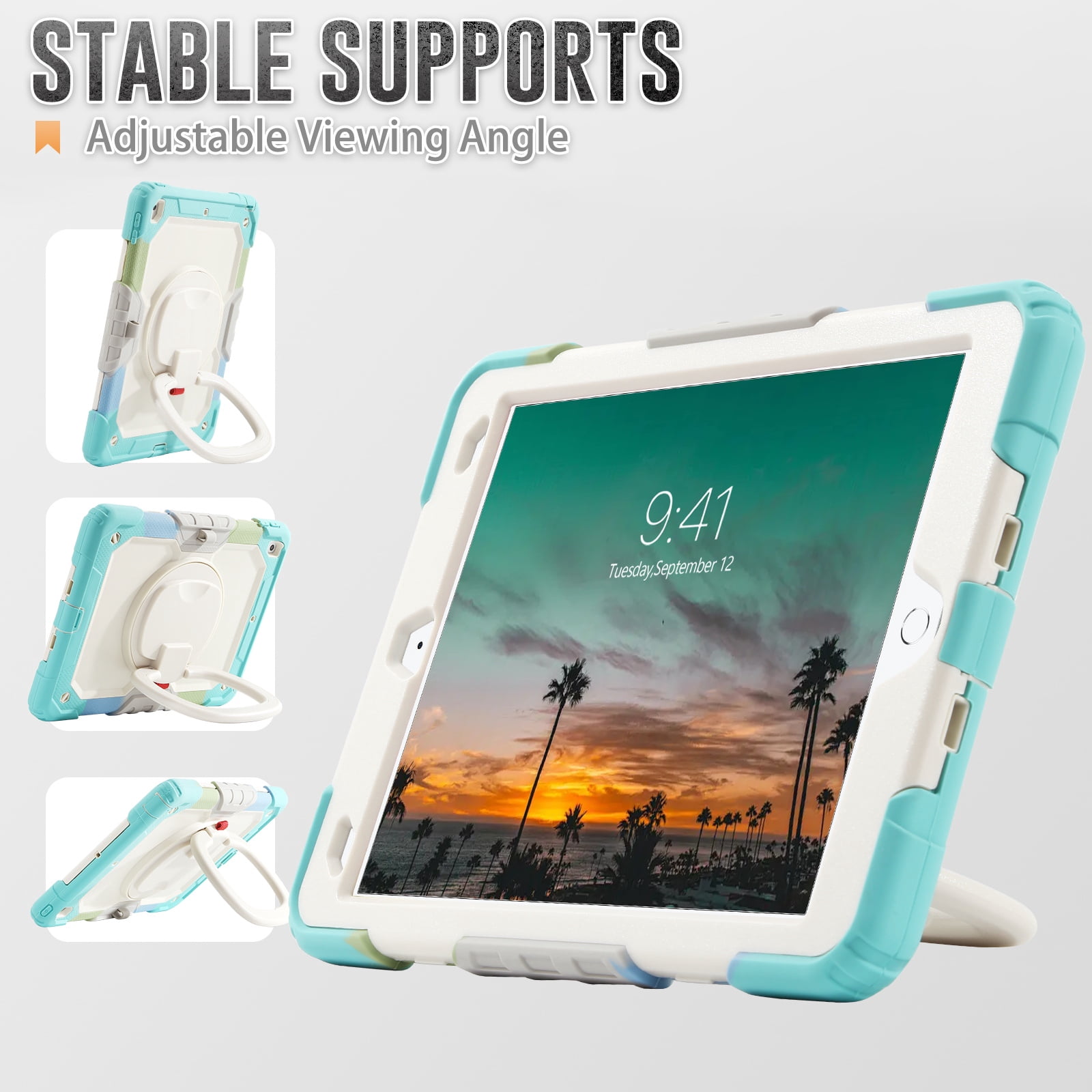DOMAVER Case for iPad 9th/8th/7th Generation (iPad 10.2 inch, 2021/2020/2019), Heavy Duty Rugged Cover for Kids with Screen Protector, Pencil Holder, Rotating Stand/Handle, Rainbow Blue