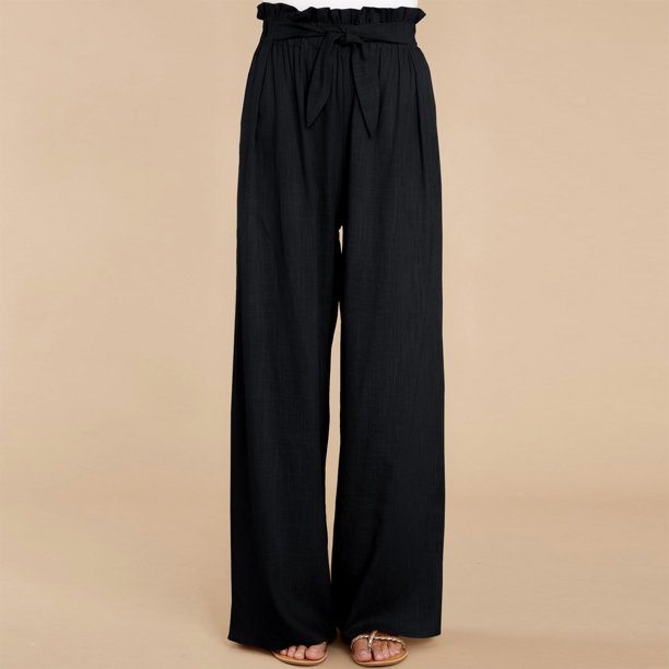 Pantalones Largos De Mujer Pantalones de algodón y lino ajustables con nudo de corbata sueltos para vacaciones (negro XXL) Ygjytge para Mujer Negro T XXL