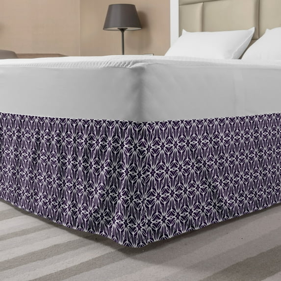 Purple Bed Skirt, Geometric Arrangement with Flower Petal Silhouettes Monotone Design Romantic, Elastic Bedskirt Dust Ruffle Wrap Around for Bedding Decor, 4 Sizes, Purple and White, by Ambesonne