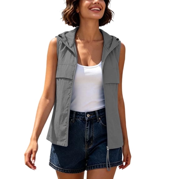 QIYAGBSA Vests for Women Lightweight Hooded Zip Up Sleeveless Outdoor Utility Vest with Pockets for Spring Summer Travel (Dark Gray, 2XL)