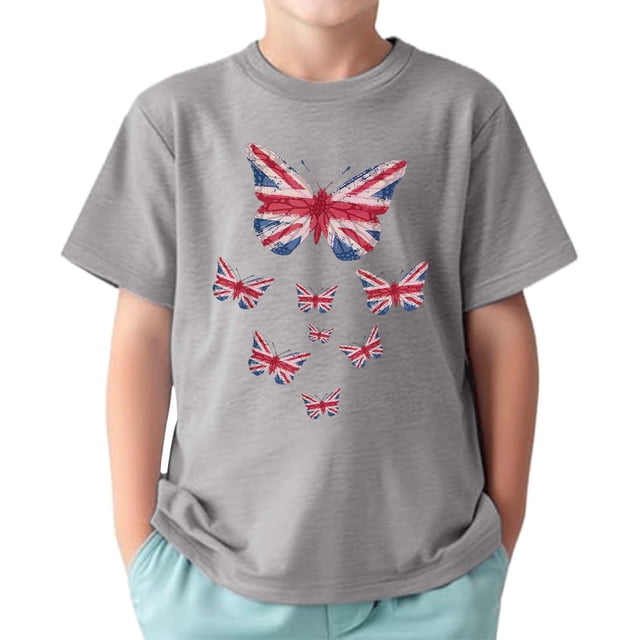 TAIAOJING T-Shirts Polyvalents Garçon Fille Imprimé Papillon Manches Courtes Col Rond T-Shirts Drapeau Élégant Coupe Décontractée Léger Usage Quotidien