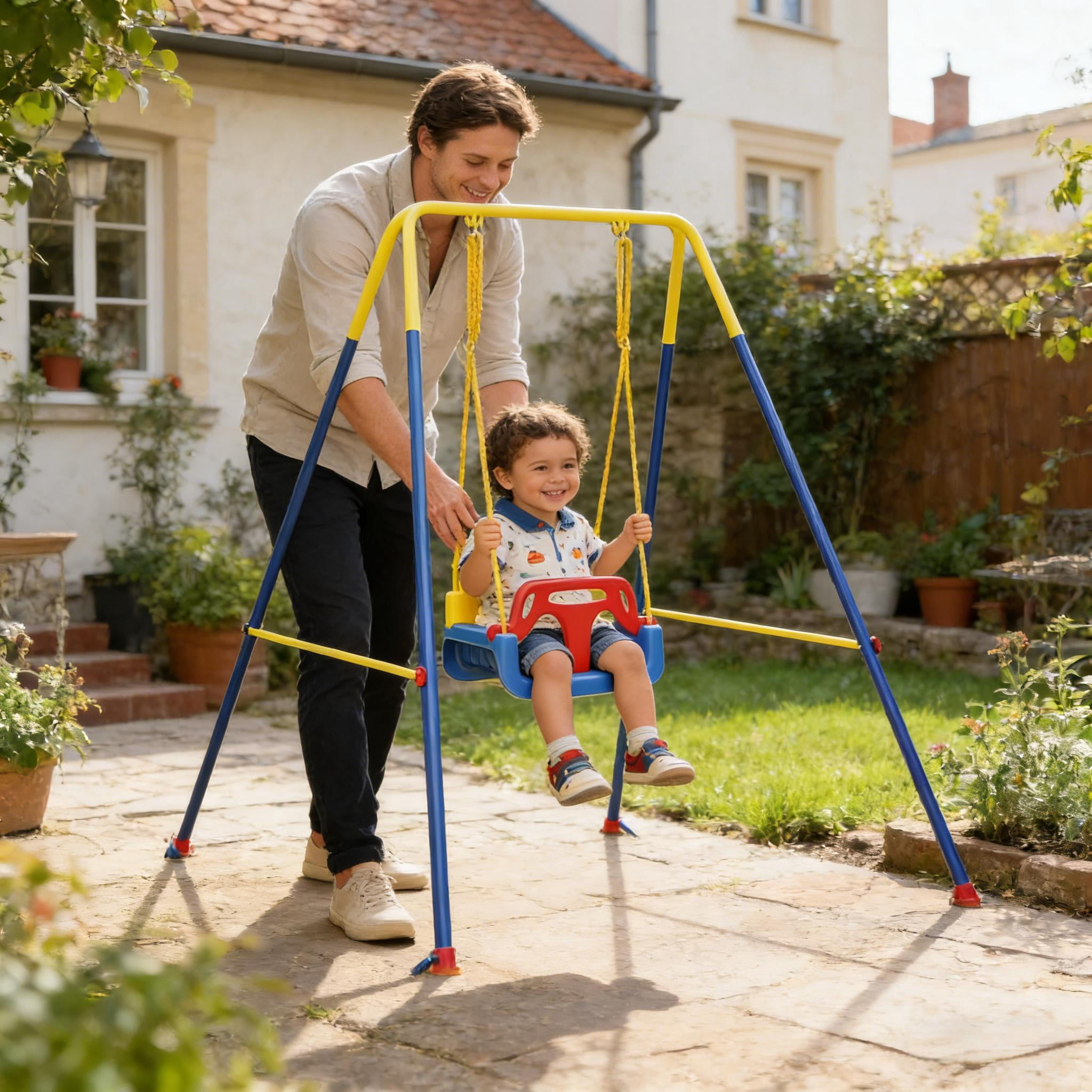 Folding 3-in-1 Toddler Swing Set, Adjustable Height Metal Swing with A-Frame, Anti-Slip Base & Safety Belt, Rust-Resistant for Indoor Outdoor Use, Ages 9 Months to 8 Years