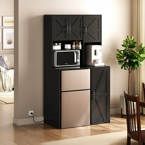 Herture Mini Fridge Cabinet with Storage, Coffee Bar Cabinet with Mini Fridge Space and Outlet, Wine Bar Stand with Microwave Shelf, Beverage Station for Kitchen, Dorm, Office Black KH02MRB