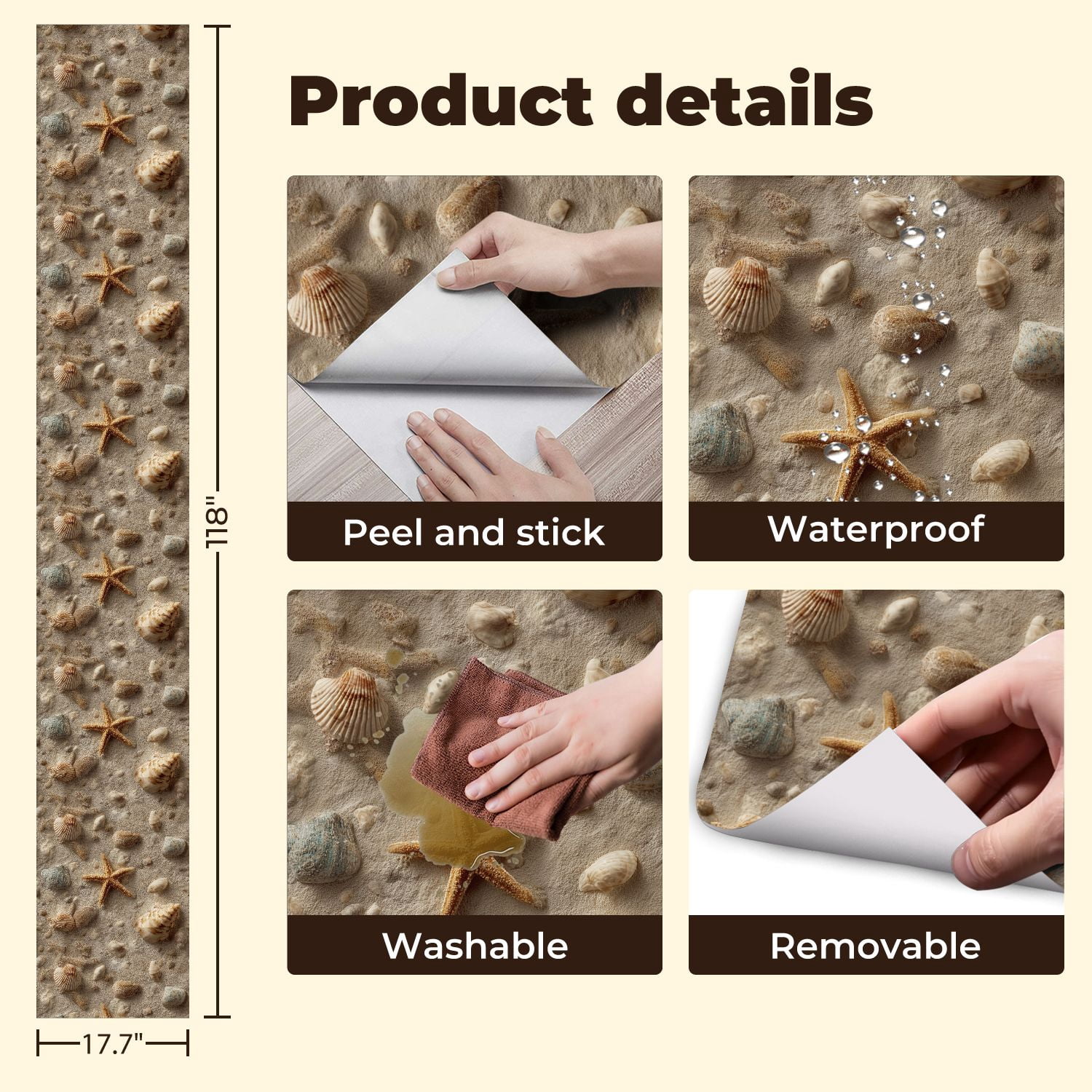 Peel and Stick Wallpaper Seashells Starfish Sandy Beach Surface coastal Wall Mural 17.7in x 9.8ft Self Adhesive Removable Wall Paper Renter Friendly Wallpaper for Bedroom Livingroom Office Studio