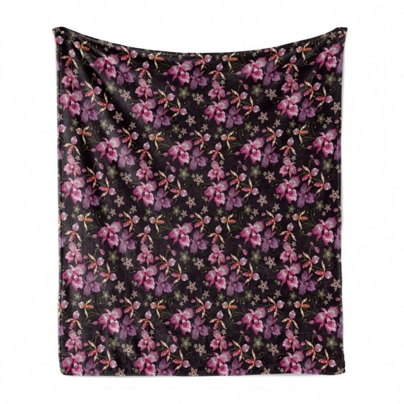 Orchids Soft Flannel Fleece Throw Blanket, Retro Wild Flowers Surreal Paradise Petals Classic Motif Vintage Print, Cozy Plush for Indoor and Outdoor Use, 70" x 90", Black Coral and Pink, by Ambesonne