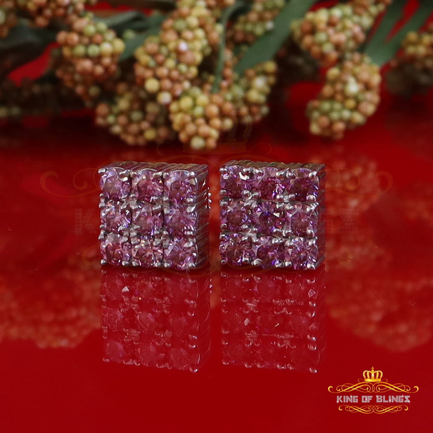 King of Bling's 925 Silver White 2.25ct VVS D Pink Moissanite Men's/Women's Square Stud Earrings