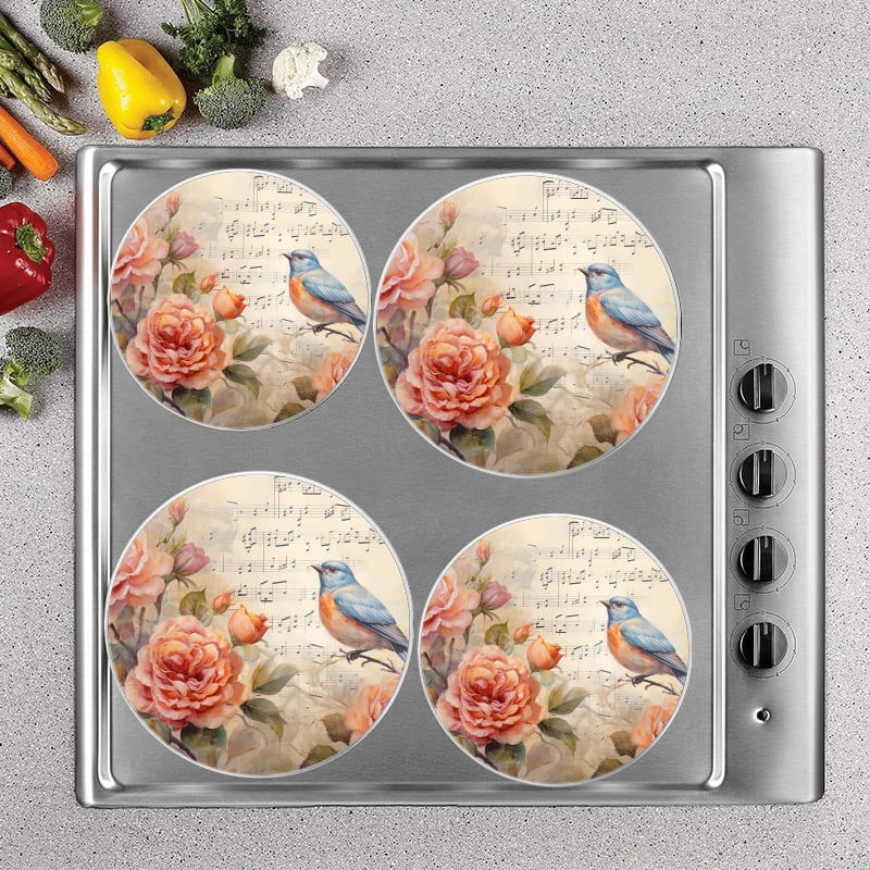 BaHomeck Electric Stove Burner Covers Set of 4,Round Metal Gas Stove Burner Covers 8 Inch and 10 Inch,Kitchen Decor,Roses And Blue Bird On Music Sheet Background