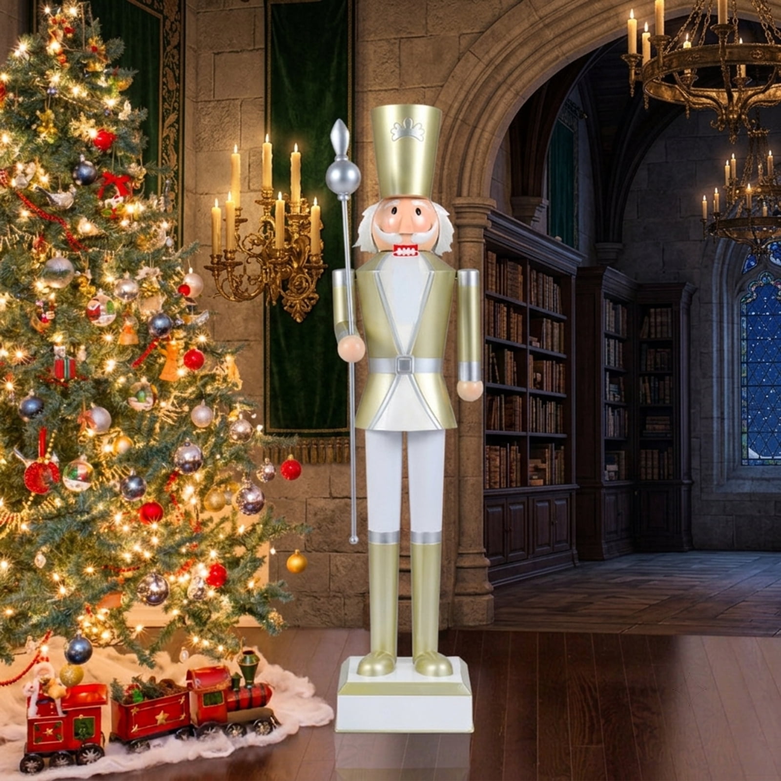 RUIE 4FT Christmas Nutcracker with High Hat and Scepter, White & Golden Metal Nutcracker Soldier with Hidden Storage for Indoor Outdoor Holiday