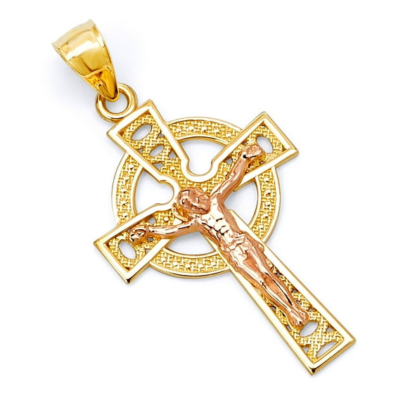Wellingsale 14K Two 2 Tone Rose and Yellow Gold Polished Milgrain Religious Catholic Celtic Crucifix Pendant