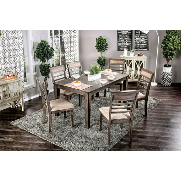 Transitional Weathered Gray Solidwood 7pc Dining Set Dining Table 6x Chairs Beige Padded Fabric Seats Cushions Dining Room