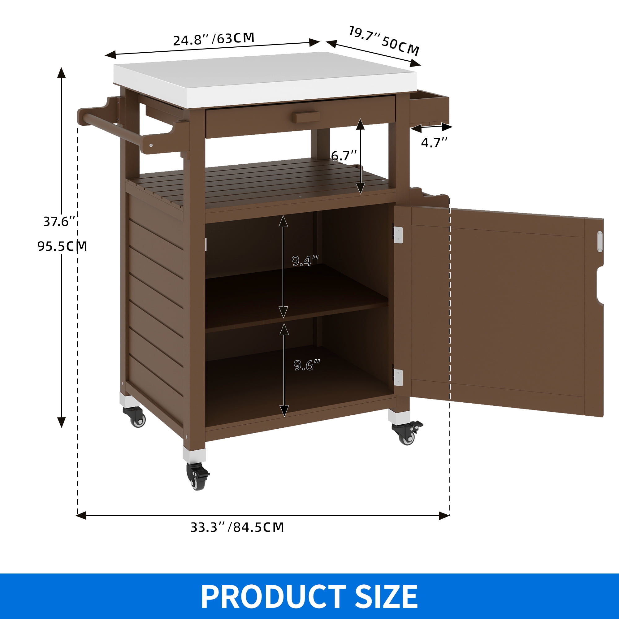 Uforic Wood Kitchen Storage Cart with Stainless Steel Top, Grill Cart for Outdoor & Indoor, Brown