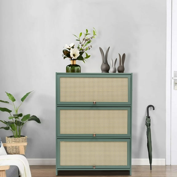 Large Capacity Bamboo Shoe Cabinet with Triple Folding Doors – 7-Tier Modern Green Storage Organizer for Shoes & Accessories, Space-Saving Dustproof Design