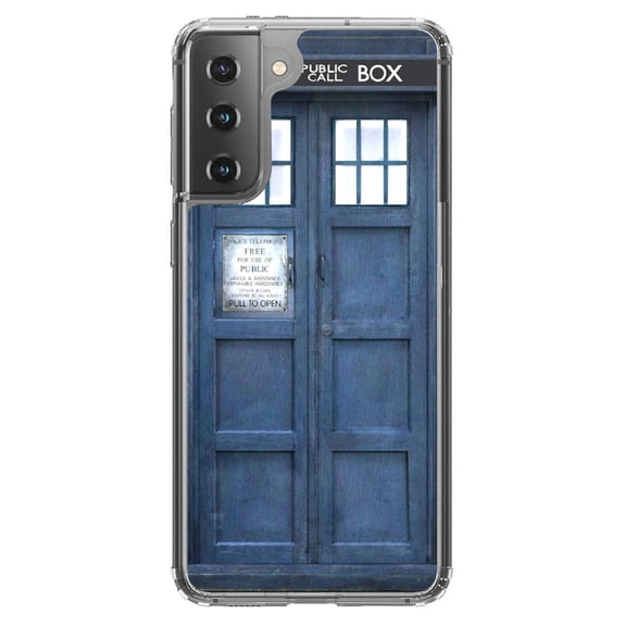DistinctInk Clear Shockproof Hybrid Case for Galaxy S21  PLUS 5G (6.7" Screen) - TPU Bumper, Acrylic Back, Tempered Glass Screen Protector - TARDIS Call Box Photograph