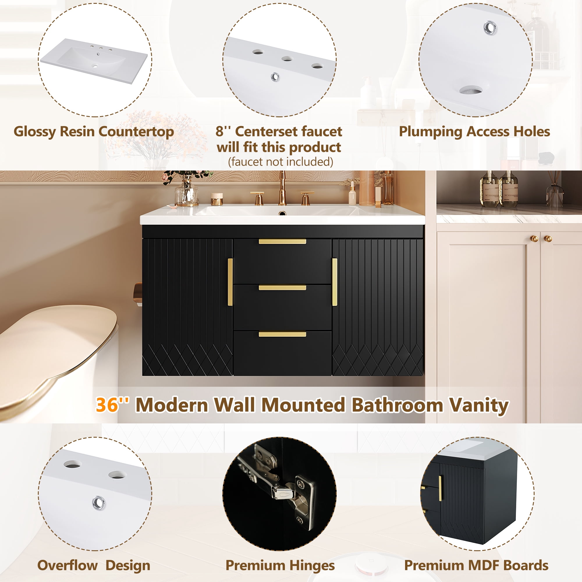 Euroco 36-Inch Wall-Mounted Bathroom Vanity with Resin Sink – Modern Floating Cabinet with Soft-Close Doors and High-Quality Construction