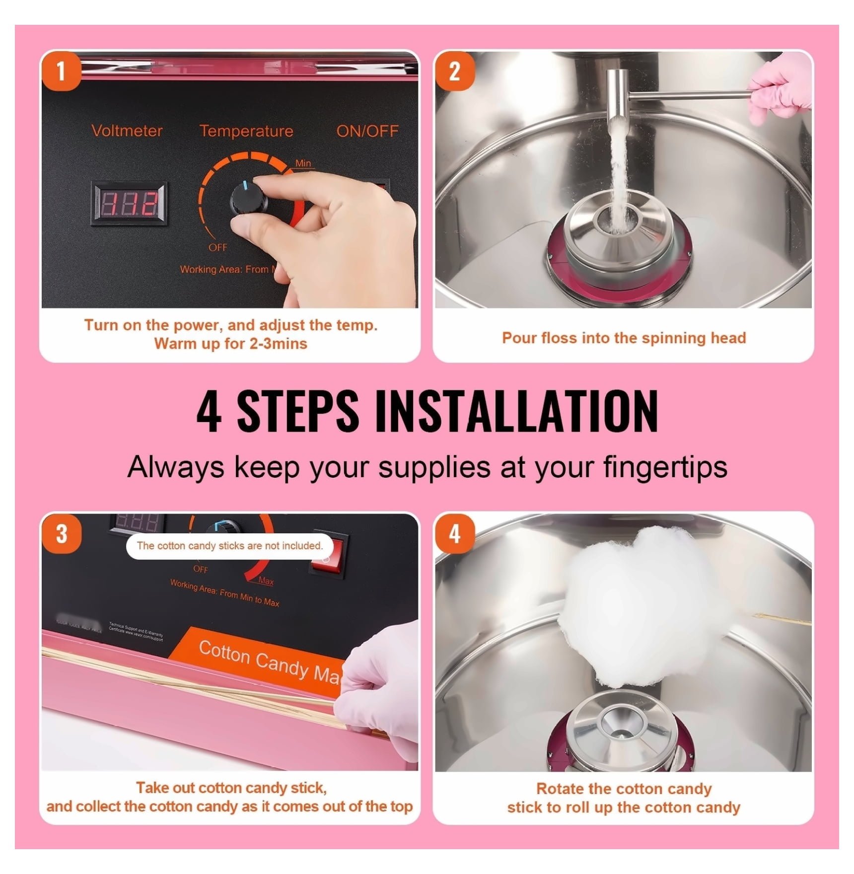 Electric Cotton Candy Machine, 1000W Candy Floss Maker, Commercial Cotton Candy Machine, Pink, for Home Parties