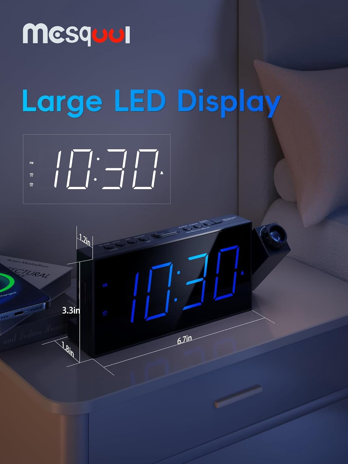 Digital Projection Alarm Clocks for Bedrooms - Large LED Display, 180° Rotatable Projector, 5-Level Dimmer,USB Charger,Battery Backup,Loud Dual Alarms Kids Elderly,Heavy Sleepers,Snooze,12/24H,DST