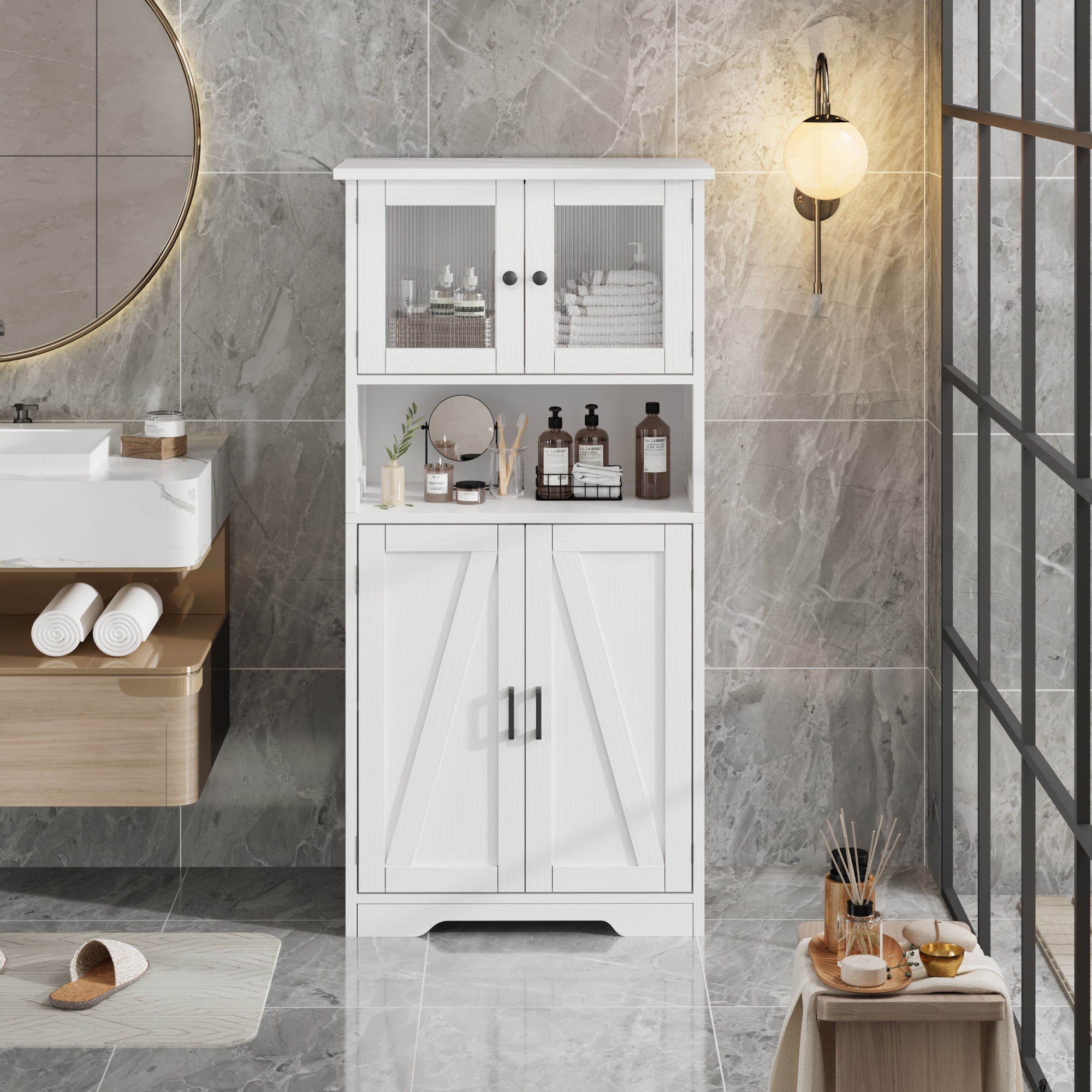 Roromall Farmhouse Storage Cabinet with Glass Doors and Adjustable Shelves, Freestanding Kitchen Pantry Cabinet, Cupboard Floor Cabinet for Living Room, Dining Room