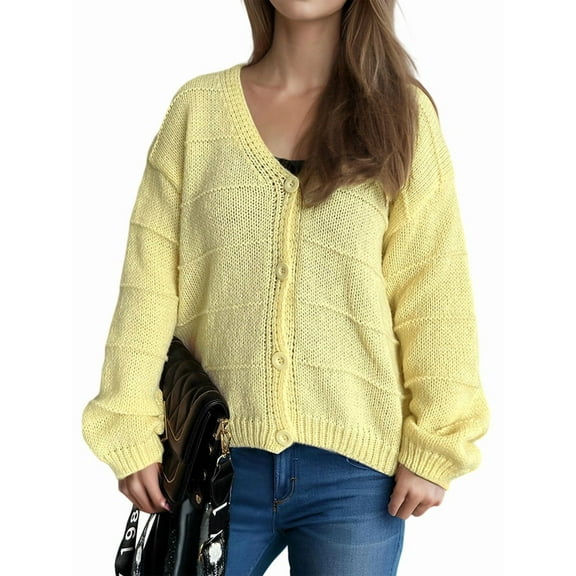Women'S Fall Fashion Button Down Cardigan Sweater Loose Casual Cable Knit Sweater Coat Yellow L
