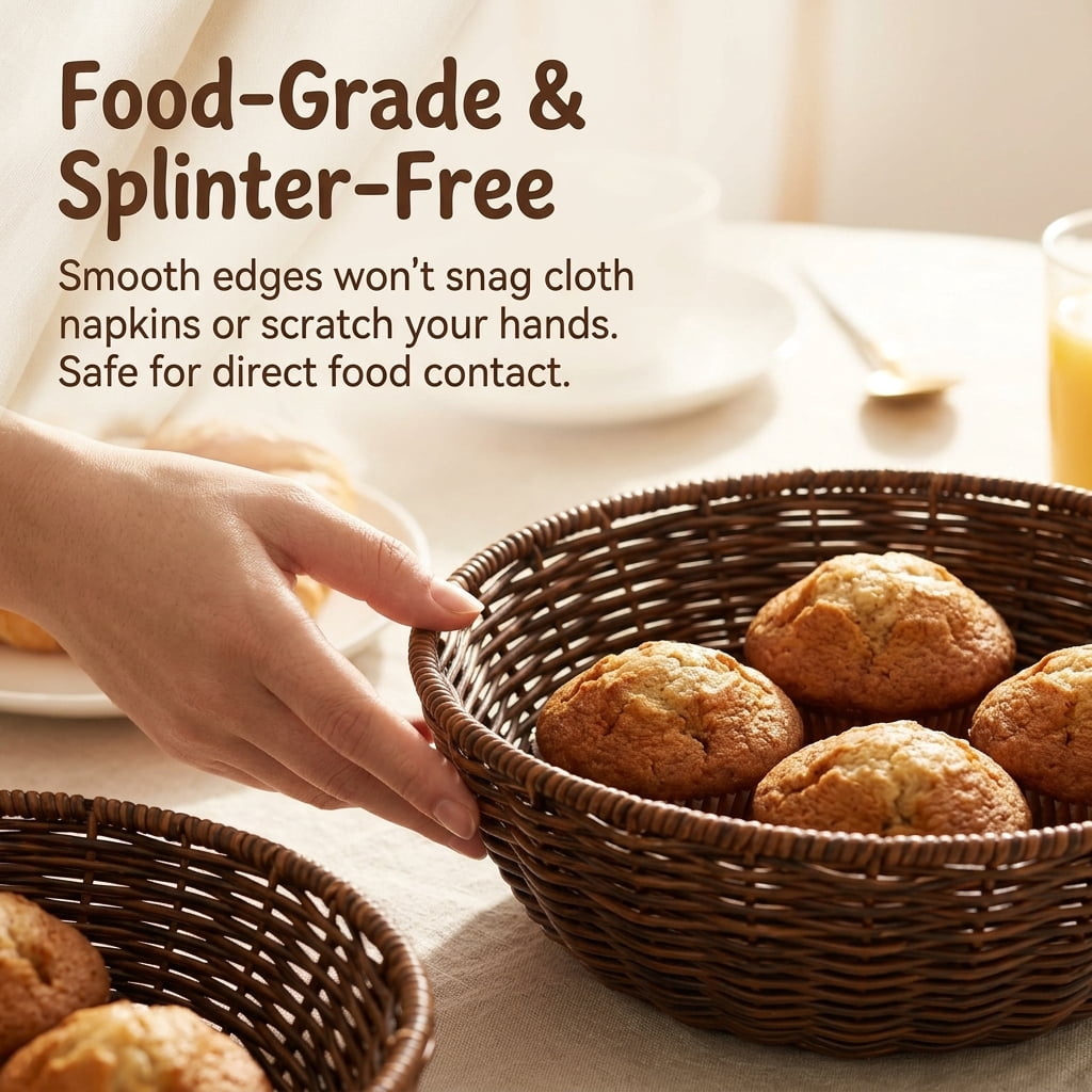 Serving Baskets Set of 3, Round Poly Wicker Bread and Fruit Basket for Food, Washable Storage Bowls for Kitchen Counter