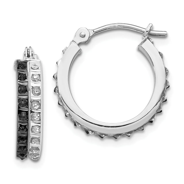 14k White Gold Diamond B W Round Hinged Hoop Earrings