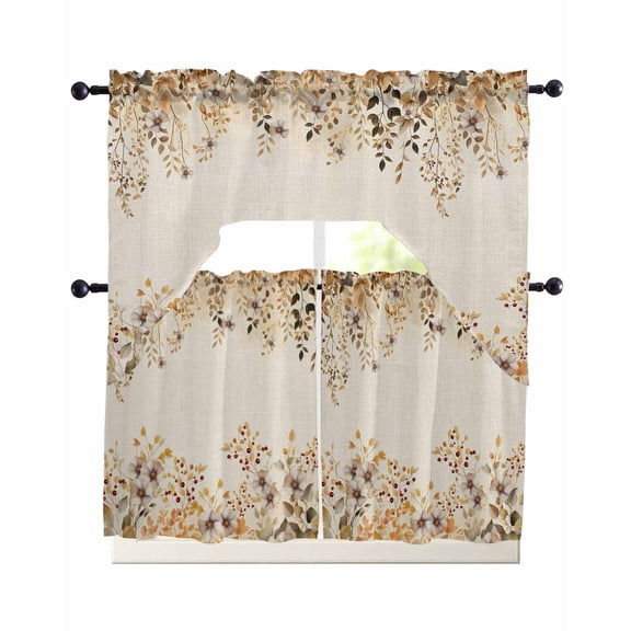 Flowers Leaves Kitchen Curtains Sets 24 Inch Length with Valance, Fall Watercolor Farmhouse Floral Plants Swag Valances and Tiers Curtain Set Drapes Swag Curtains for Living Room, Bathroom, Bedroom