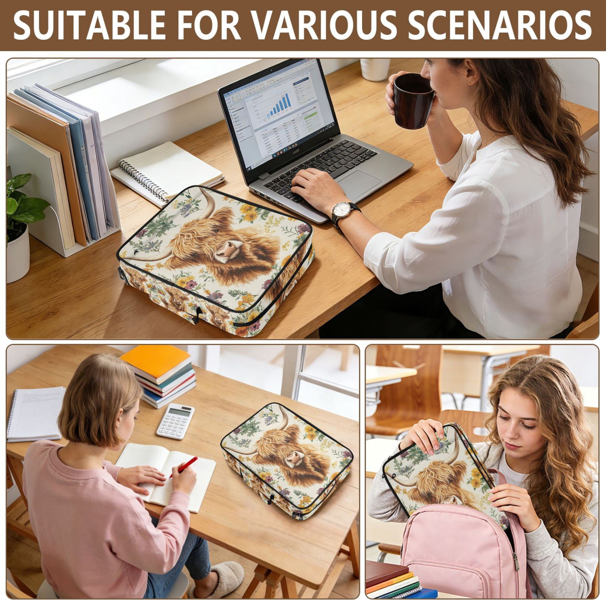 FORMRS Accordion File Folder A4 Size 7-Pocket Expanding Document Organizer Bag with 3 Ring Binder, Floral Cow