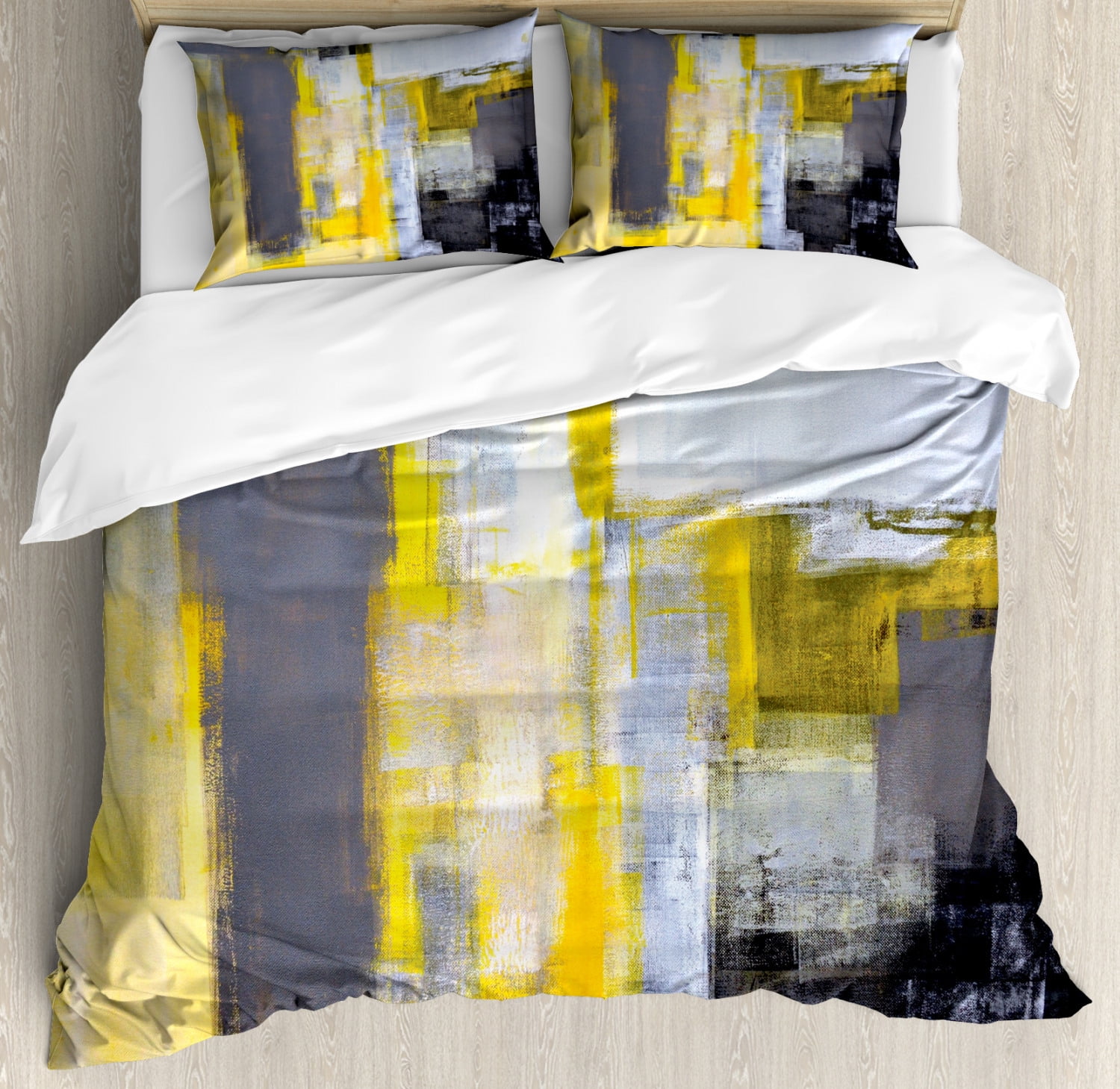 Yellow And Grey Duvet Cover Set King Size Abstract Art Painting Design Modern Composition Brush Marks Pattern 3 Piece Bedding Set With 2 Pillow Shams Yellow Grey White By Ambesonne Walmart Com