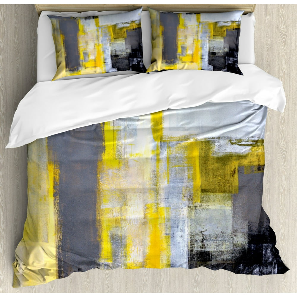 Yellow and Grey Duvet Cover Set King Size, Abstract Art Painting Design
