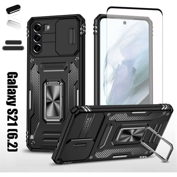 Heavy Duty Case for Samsung Galaxy S21, Military Grade Dual Layer Hybrid Cushioning Rubber Bumper Protector with Slide Camera Protector, Built-in 360 Degree Swivel Stand -Black