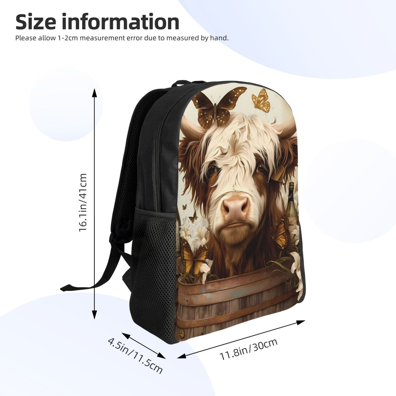 Ratiio Butterfly Cow Barrel Print Backpack with Padded 15-inch Laptop Sleeve- Spacious and Durable Daypack for Work and Travel