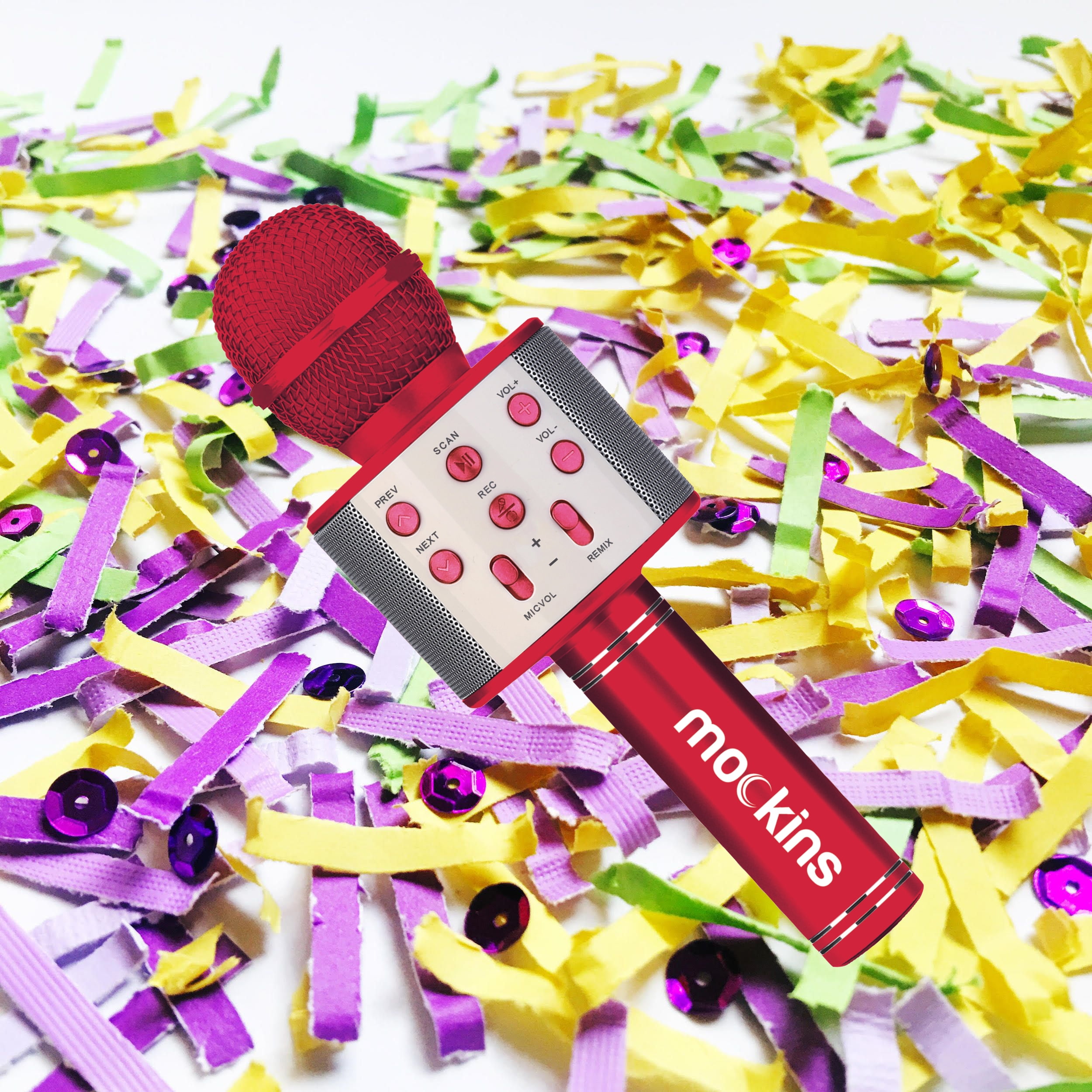 Mockins Red Bling Karaoke Microphone with LED Lights, Voice Changer & Wireless Bluetooth Speaker  - Carry Case