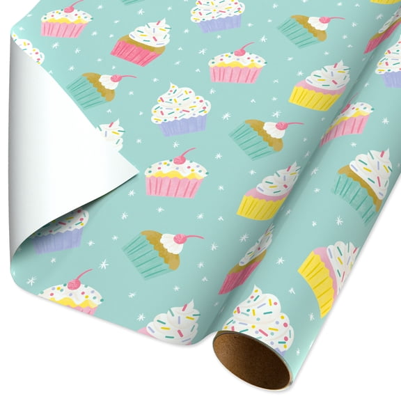 American Greetings Birthday Wrapping Paper Roll, Light Blue Cupcakes Design