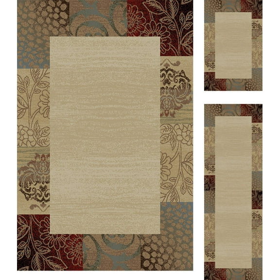 Tayse Elegance Area Rug 5202 Ivory Flower Border 1' 8" x 5' , 1' 8" x 2' 8", 5' x 7' Rectangle