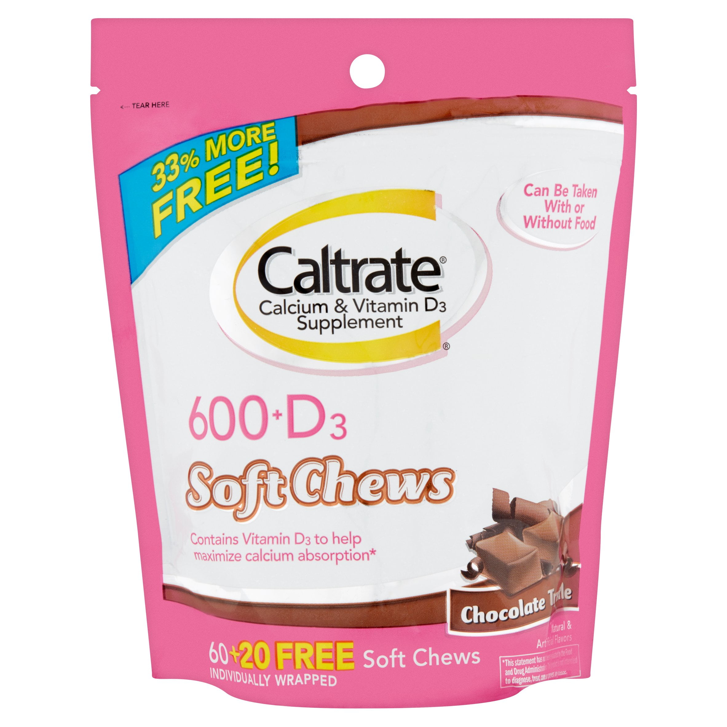 Caltrate Soft Chews Chocolate with Vitamin D3, 60+20 Bonus