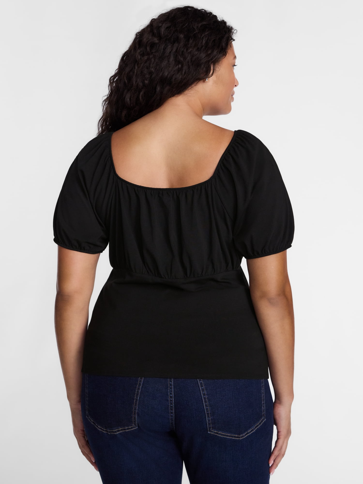 Terra & Sky Women's Plus Button Front Babydoll Top with Short Puff Sleeves, Sizes 0X-5X