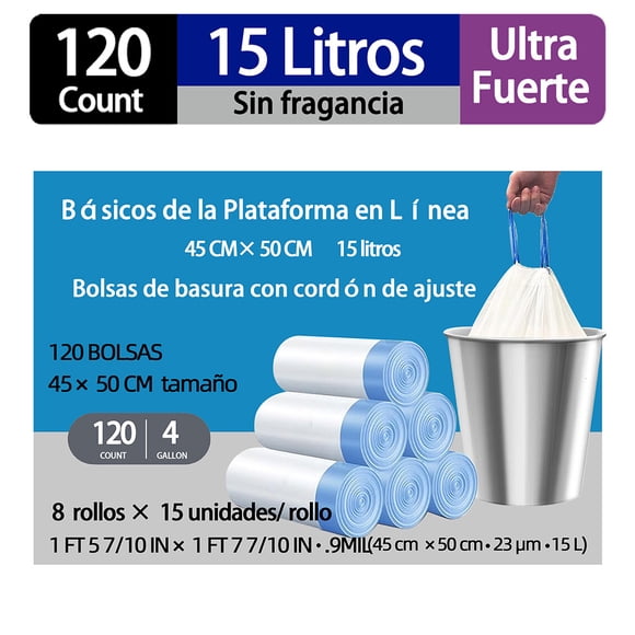 120 Piezas Bolsas De Basura Con Cordón Engrosadas, Forro De Basura Resistente a Fugas, 45 x 50cm, 15 Litros, Blancas Impermeables Adecuadas Para Cocina, Dormitorio, Baño y Oficina