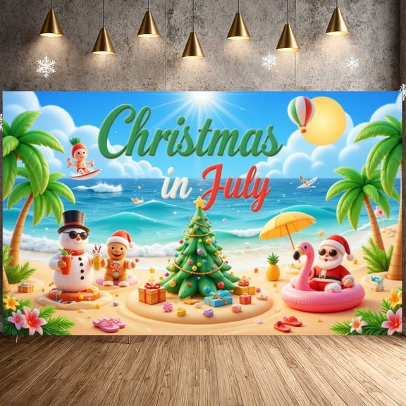 Colorful Design Christmas in July Beach Theme Summer Holiday Banner for Tropical Celebration Outdoor Party Festive Gathering