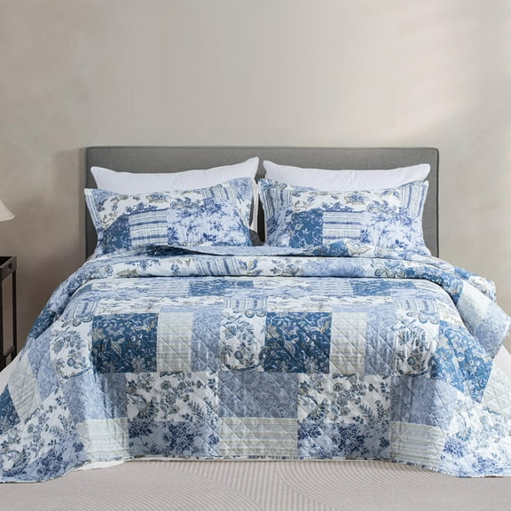 Kasentex Vintage Blue Patchwork Floral Quilt Set - All Season Bedding