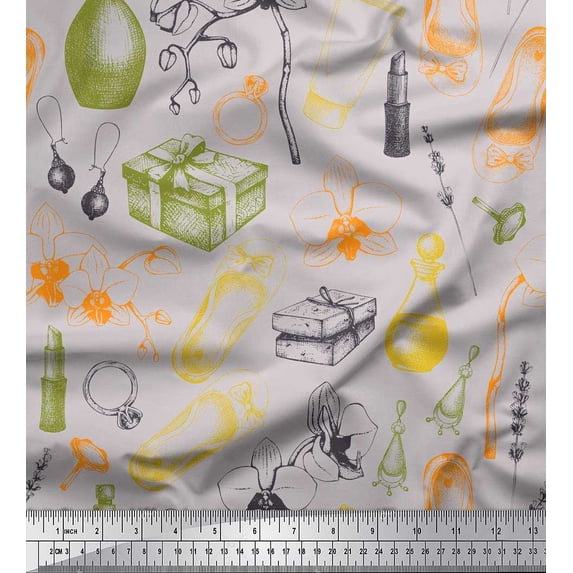 Soimoi Poly Georgette Fabric Jewelry,Bellies & Lipstick Fashion Print Fabric by Yard 42 Inch Wide