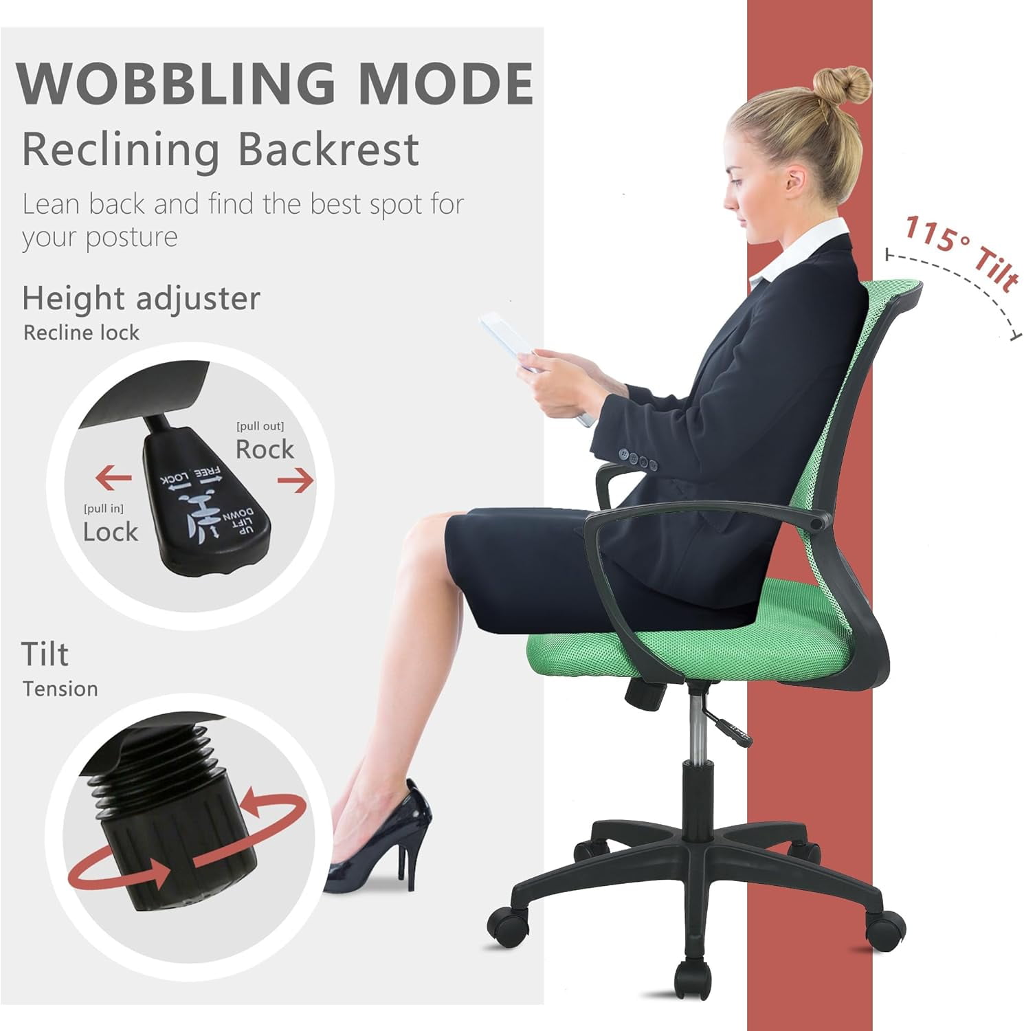 YRLLENSDAN Mesh Office Chair with Wheels Conference Room Chair Mesh Computer Chair for Adults 250lb Rolling Desk Chair with Arms Study Chair Adjustable Height,Green