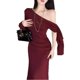 thumbnail image 5 of Wine Red Draped Asymmetrical Long Sleeve Dress For Women Spring Autumn, 5 of 6