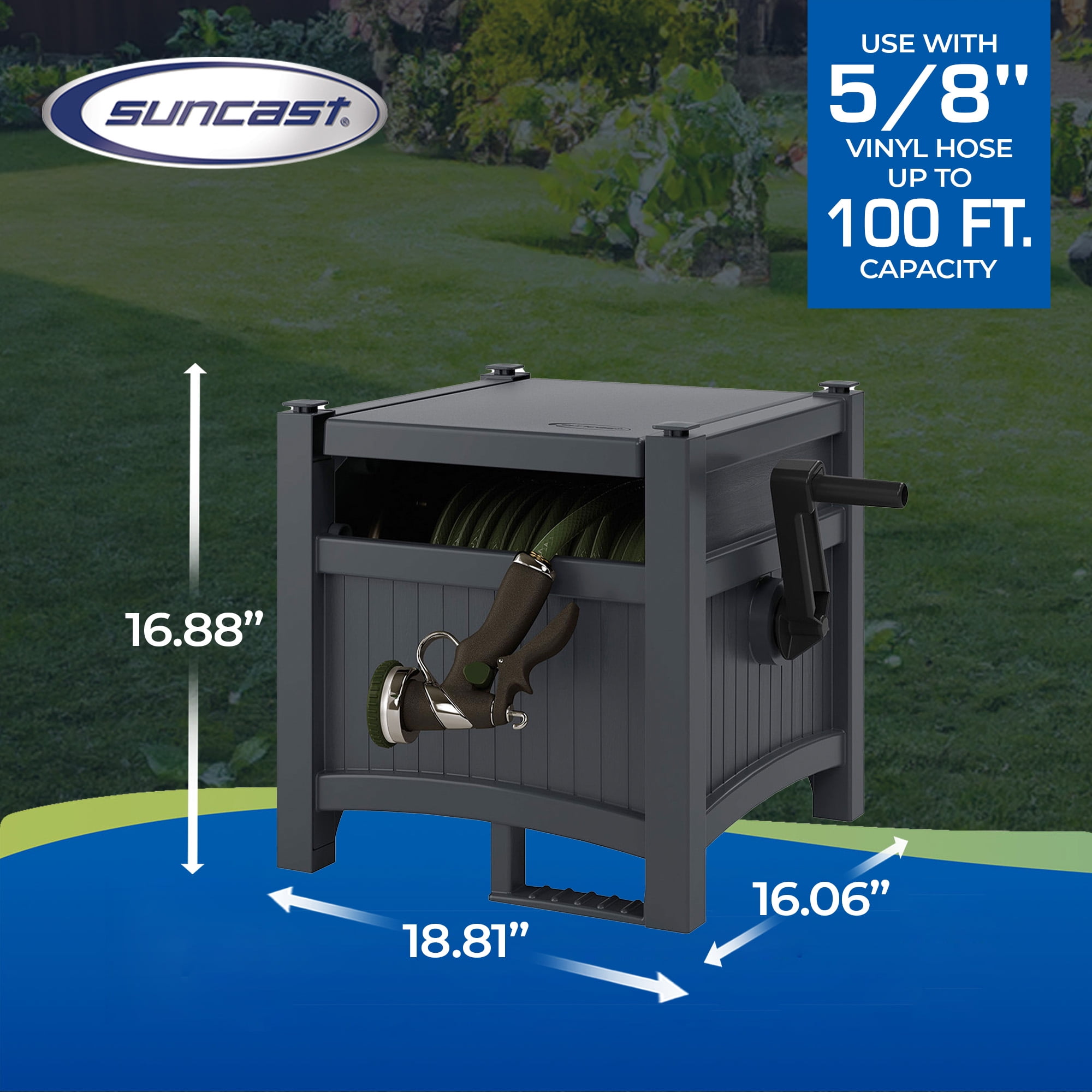 Suncast 100' Resin Garden Hose Reel & Hideaway Outdoor 33 Gal Garbage Bin, Cyberspace
